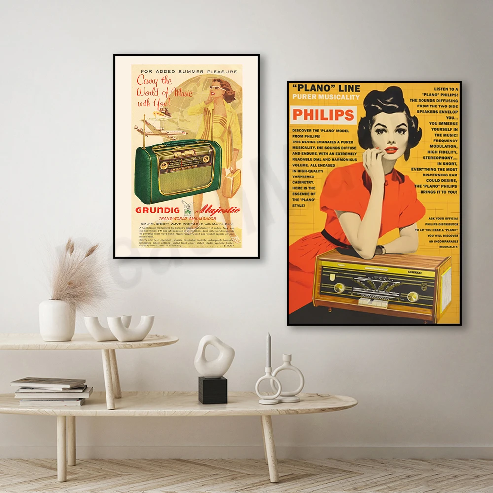 Vintage portable radio advertising, retro radio advertising poster, retro workshop art enthusiast art music lover poster