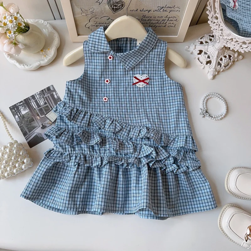 Girls' plaid design vest dress2026New Summer Fashionable Collared Dress with Irregular Lace Trim