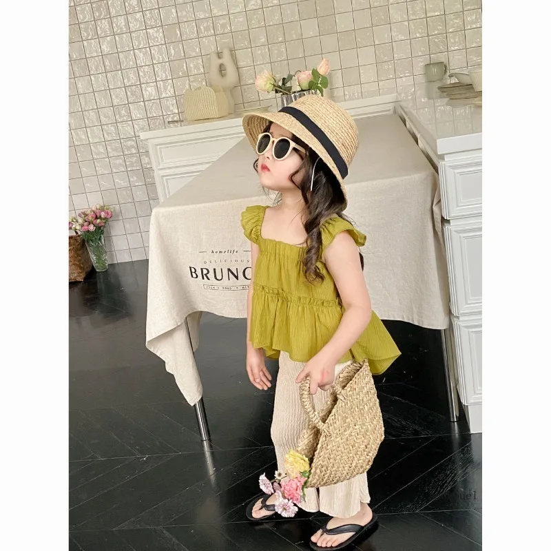 2024 Baby Girls Suits Summer Fly Sleeve Vest Shirt+Leg Pants 2Pcs Sets Children Kids Clothing Sets Girl Outfits Set 2-6Yrs