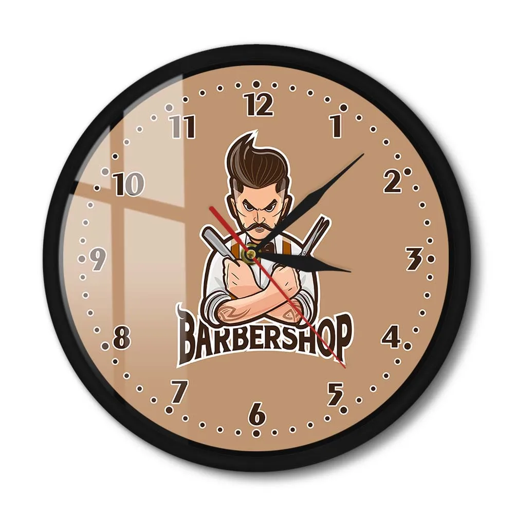 Cartoon Character Barber Shop Metal Frame Wall Clock Silent Quartz Hair Beauty Cuts Shaves Hanging Wall Watch Gift For Barber