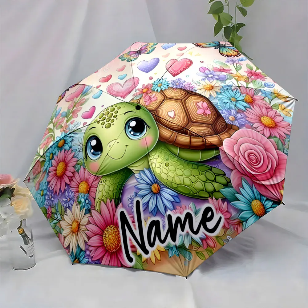 Custom Name  Colorful Turtle and Floral Umbrella Design Print 8 Iron Ribs Folding Umbrella Auto-Open Fashion Sunshade