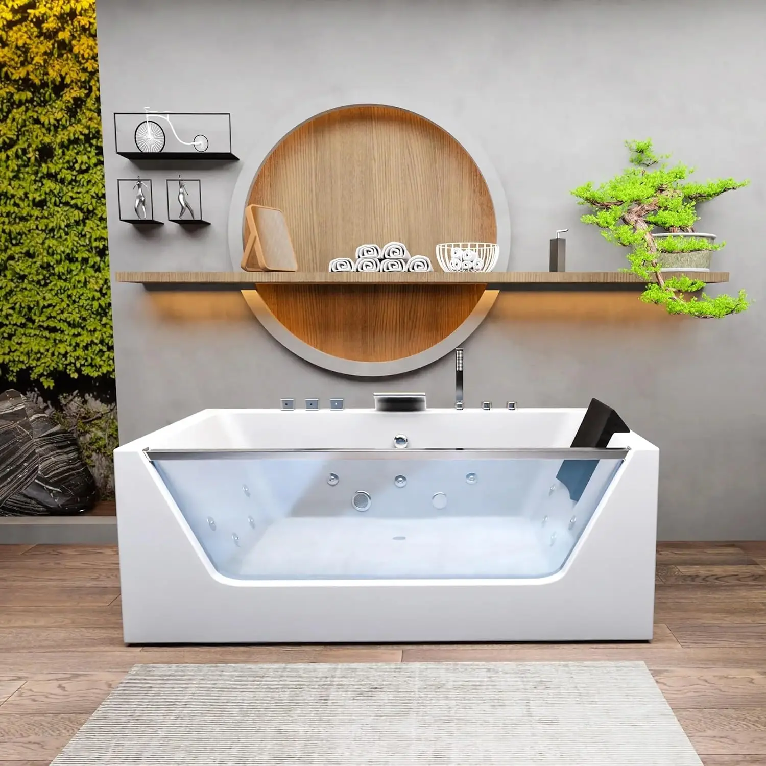 60” Whirlpool Tub, Hydro Massage Bathtub With 11 Water Jets, Spa Bathtub, Whirlpool Tub With Center Drain, Acrylic, White, Led