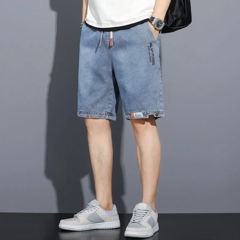 Male Denim Shorts Loose Wide Ripped Baggy Gray Men's Short Jeans Pants Trend 2024 Buttons Y2k Fashion Cut New in Streetwear Xl