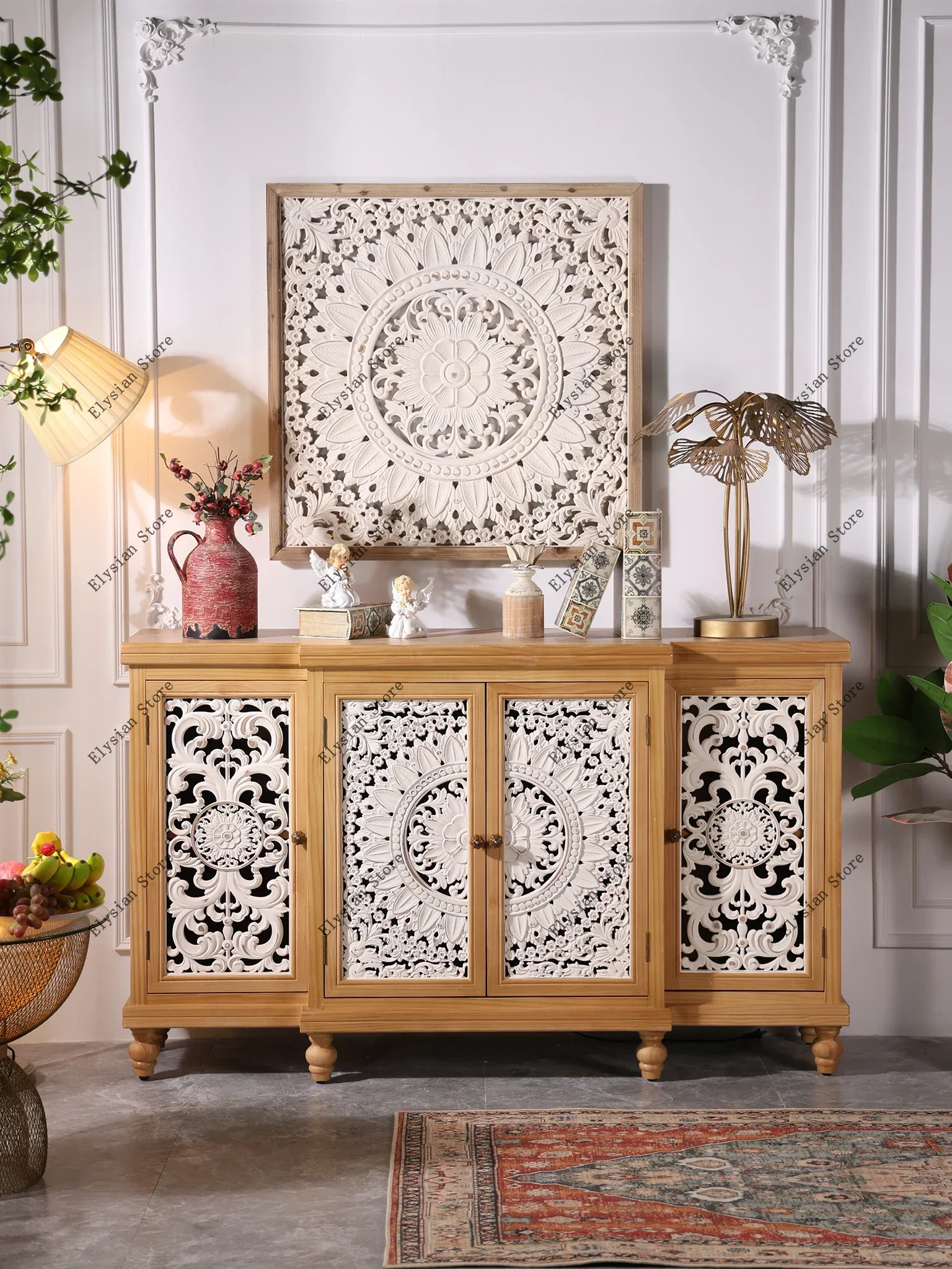 Solid wood hollow carved dining side cabinet, living room integrated wall decorative  partition locker storage cabinet