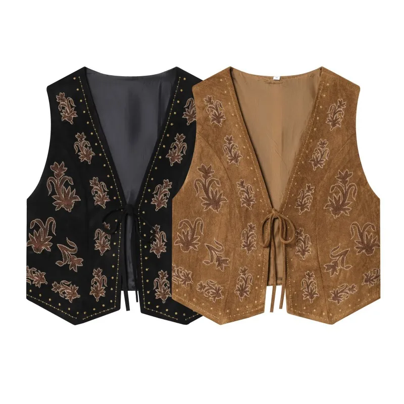 Black Coffee Floral Embroidered Faux Suede Vest Women V Neck Tie Front Sleeveless Women Retro Casual Waistcoat 260702