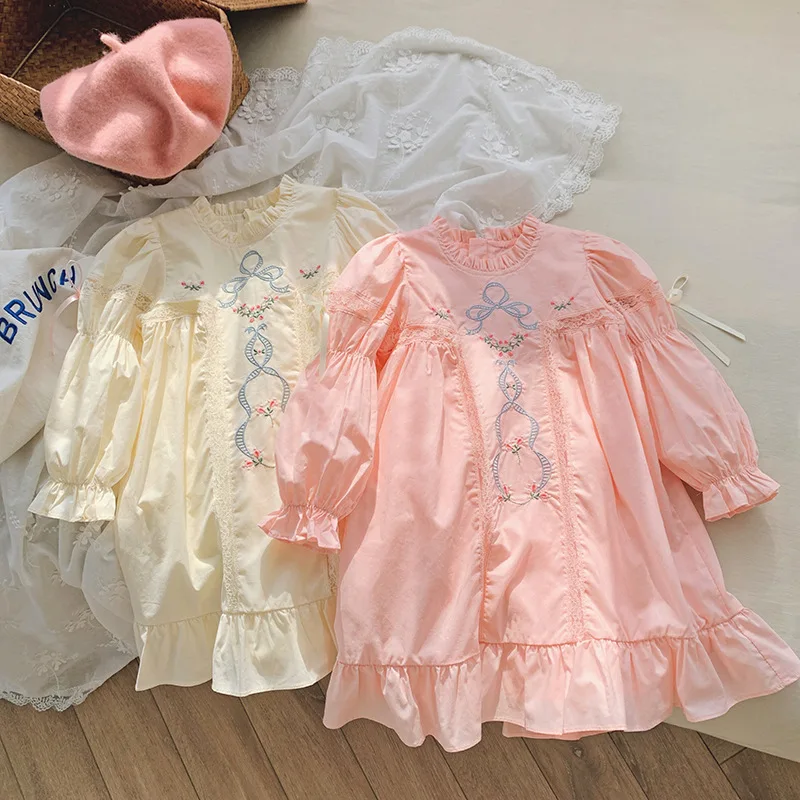 High-Grade French Embroidered Lace Girl's Dress2024Autumn Puff Sleeve Princess Dress Cotton Children's Clothing-MR