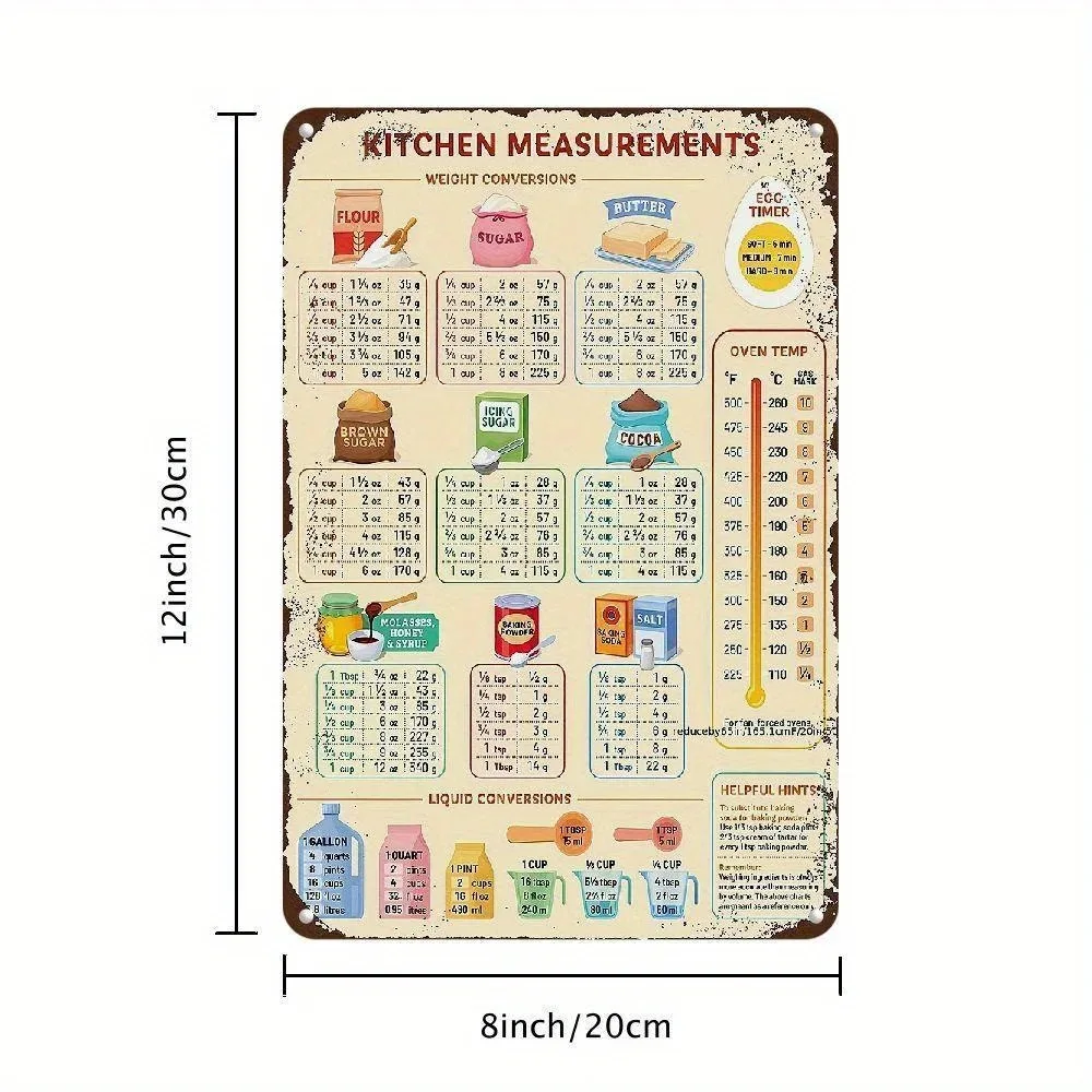 Vintage Kitchen Conversion Chart Metal Sign, Cute Tin Wall Decor for Baking
