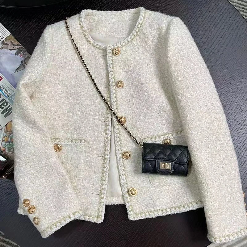 Women New Jacket Vintage Small Fragrance Coat Autumn Winter Korean Fashion Off White Crop Top French Tweed Jacket Female 2024