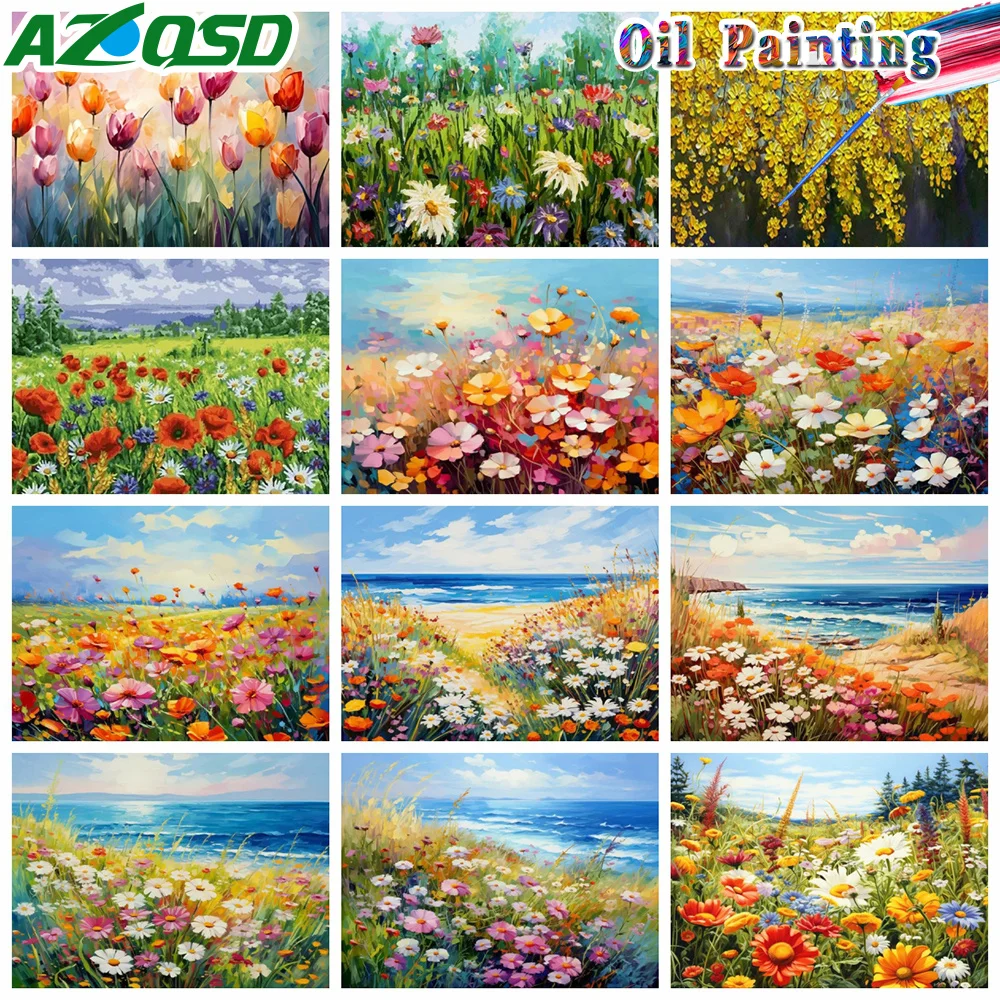 AZQSD Paint By Number Daisy Flower Field Landscape Oil Painting On Canvas Floral Handmade Modern Diy Unique Gift