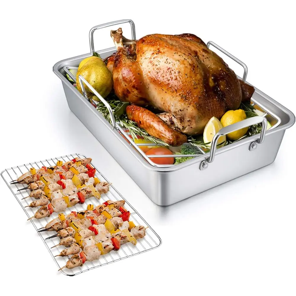 

Roasting Pan with Rack, 14 Inch StainlSteel Turkey Roaster Lasagna Pan with V-Shaped Rack & Cooling Rack, y & Sturdy, Brushed Su