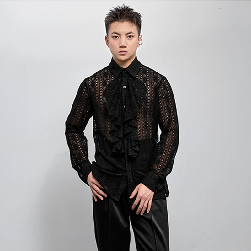 Professional Latin Dance Costume Male Lace Long Sleeve Shirt Ballroom Waltz Tango Performance Wear ChaCha Dance Tops DL10887