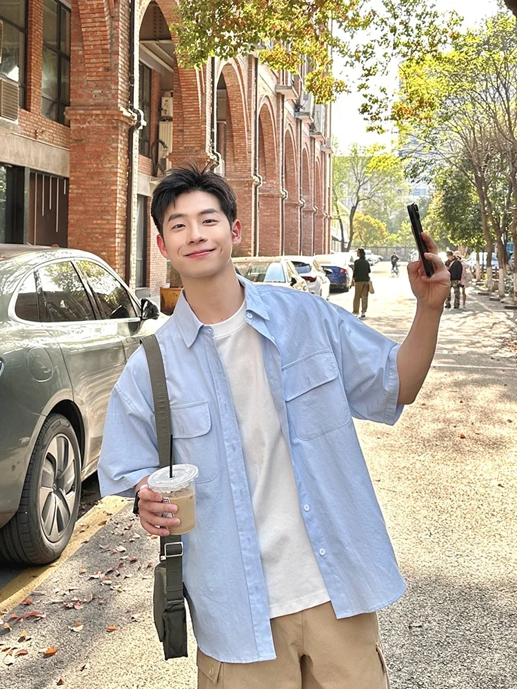 

Синий повседневный свободный летний топ для мужчин, универсальная дышащая верхняя одежда для защиты от солнца, полиэстер...