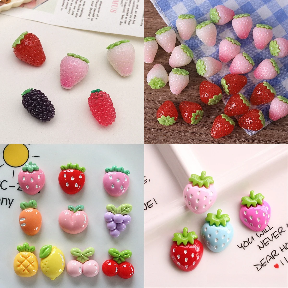 100pcs Wholesale Simulated Fruit Resin Cabochon Strawberry Lemon Grape Peach DIY Jewelry Doll House Decor