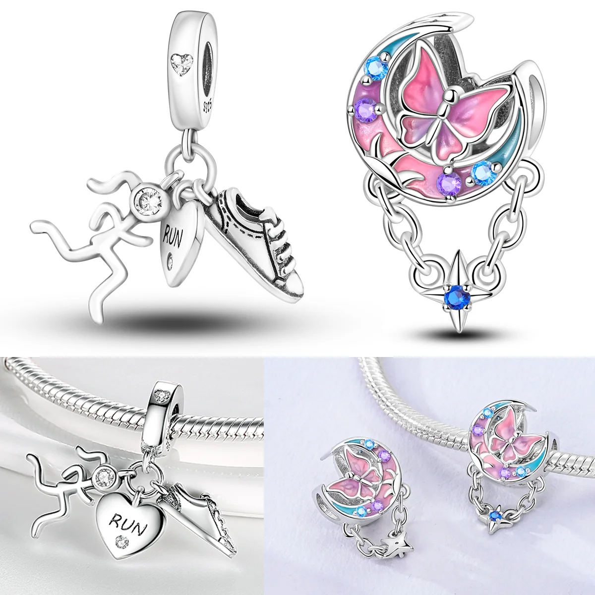

925 Sterling Silver Moon Butterfly Charms Bead CZ Zircon Athlete Shoes Dangle Fit Original Bracelet DIY Women Jewelry