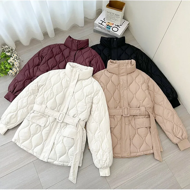 Women Winter Small Fragrance Jacket New Fashion Stand Up Collar Medium Long Warm Down Cotton Jacket Belt Outerwear Female Parkas