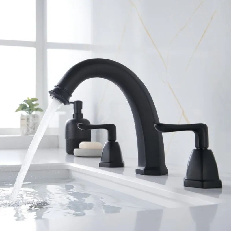 

Matte Black Brass Bathroom sink faucet 3 Holes 2 Handle wash basin faucet Hot Cold water washbowl Tap High quality Copper Faucet