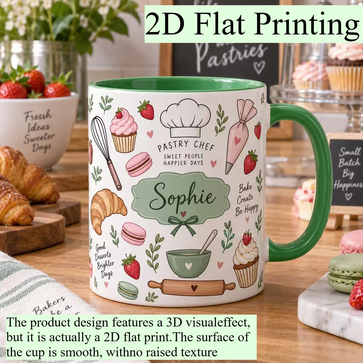 Custom Name Ceramic Coffee Mug 2D Print Cupcake Macaron Dessert Design Novelty Tea Cup Table Decor Birthday Christmas New Year T