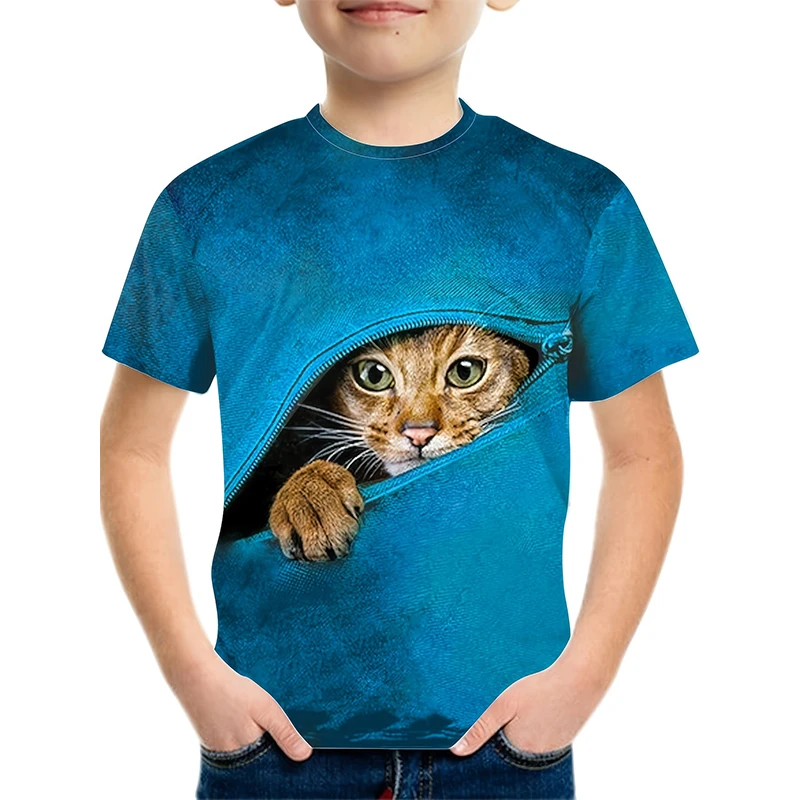 Boy's Zipper Cat Graphic Kids's T-shirt Fashion Short Sleeve Tops Boy Girl T-shirt Animal 3D Printed Summer Children's Clothing