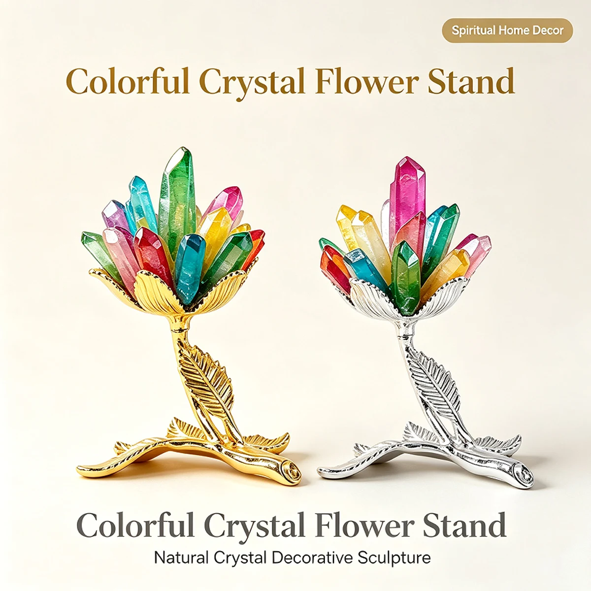 1PC Electroplated Color Clear Quartz Crystal Cluster with Gold Metal Base, Natural Healing Gemstone Desktop Ornament, DIY Flower