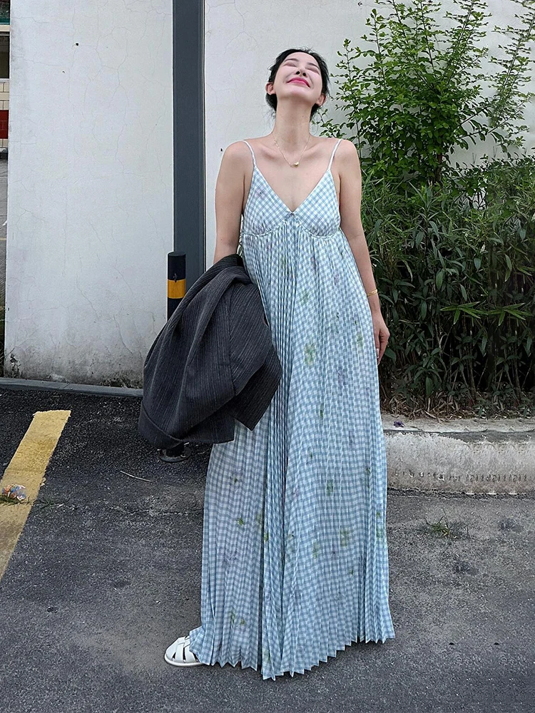 

Новый летний синий клетчатый Vaion Sle Dr женский красивый Ele Feel Beach Holiday Wind Strapl трапециевидной формы Dr