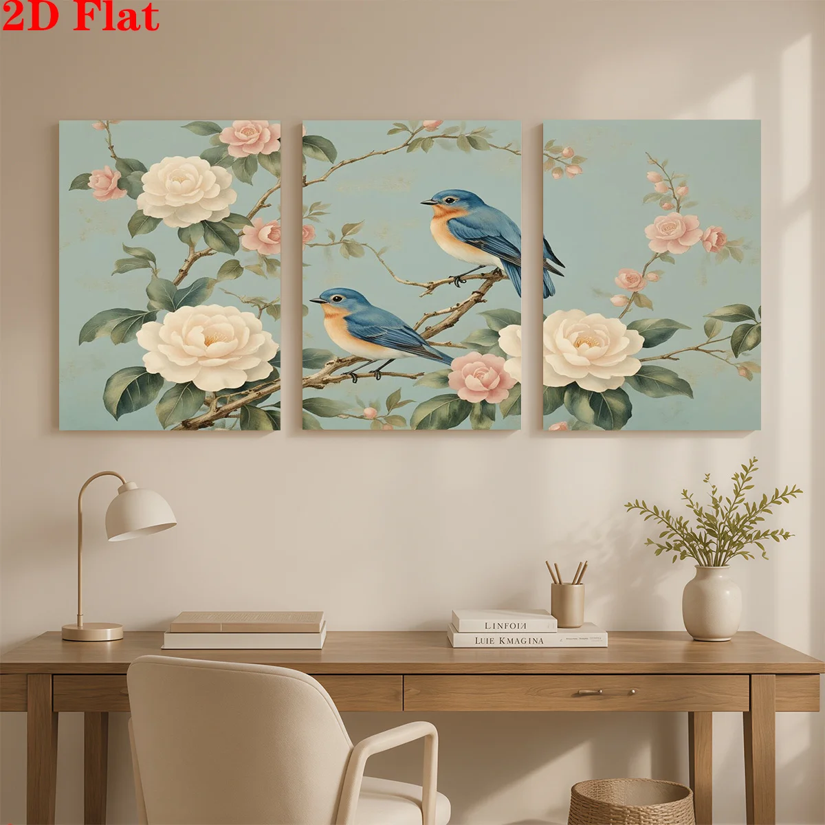 Frameless Canvas 2D 3pcs Canvas Art Wall Hanging- Two Blue Birds On Floral Branches. Suitable For Decorating Offices, Dining