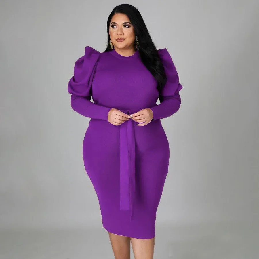 KEXU Spring Plus Size Women O Neck Lantern Long Sleeve Plunging V-neck Bodycon Midi Dress Elegant Sexy Party Night Dresses