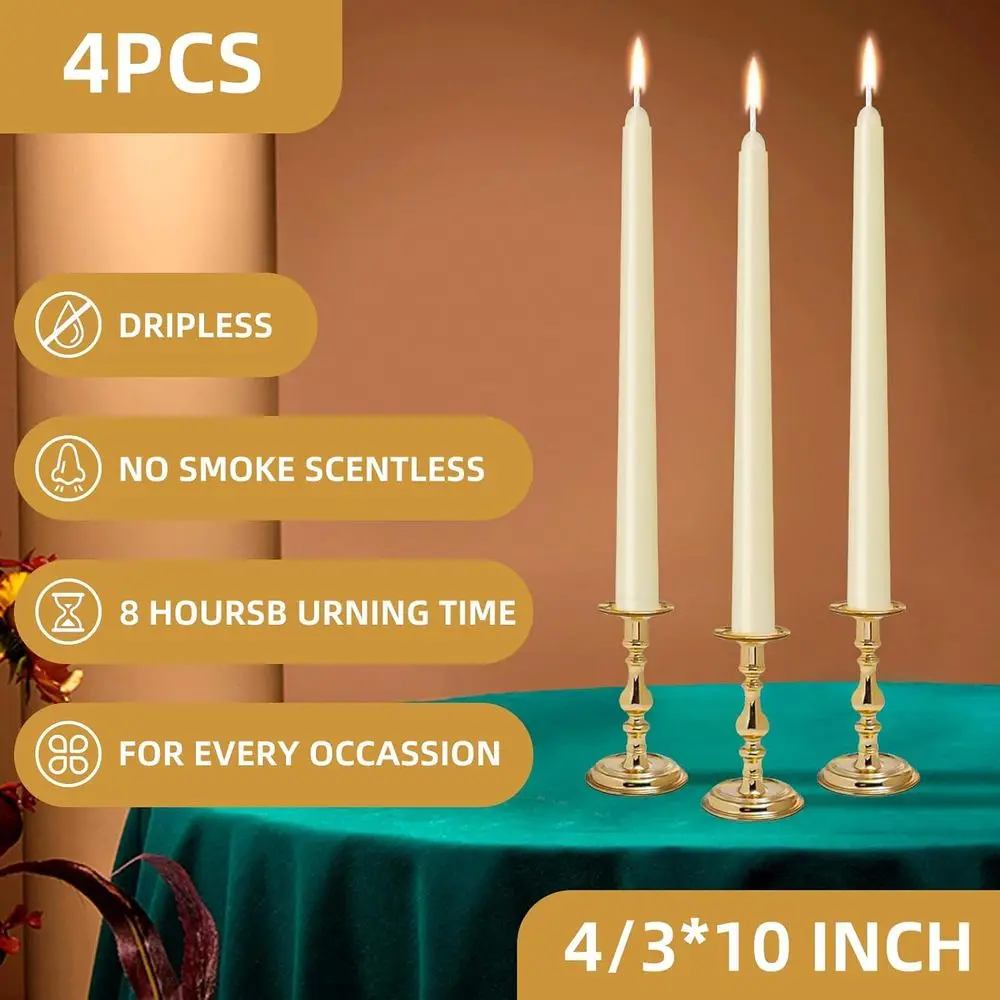 Set of 4 10 Unscented Taper Candles, 8-Hour Burn, Ideal for Events and Home Decor