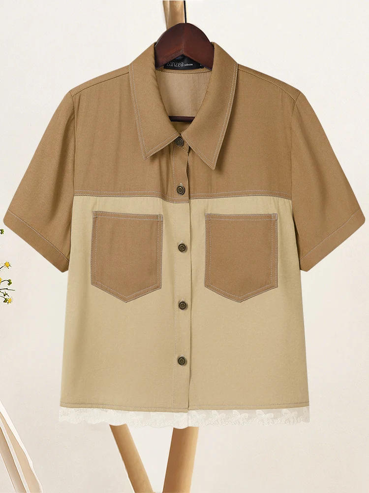 بلوزة ZANZEA للسيدات بأكمام قصيرة مرقعة لعام 2025 قمصان صيفية عصرية غير رسمية برقبة على شكل طية صدر السترة وأزرار قميص أنيق للعمل المكتبي #4