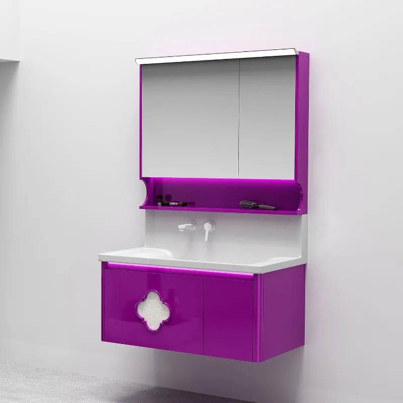 Ceramic high-back purple piano lacquer bathroom cabinet combination, wall-mounted integrated basin mirror cabinet,
