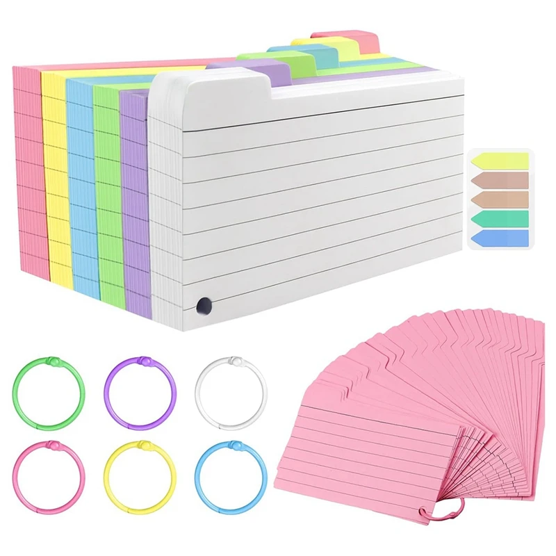 300 Pack Index Cards, 3Inch X 5Inch Ruled Index Cards With Ring, Colored Lined Flash Cards, Both Sides Note Cards