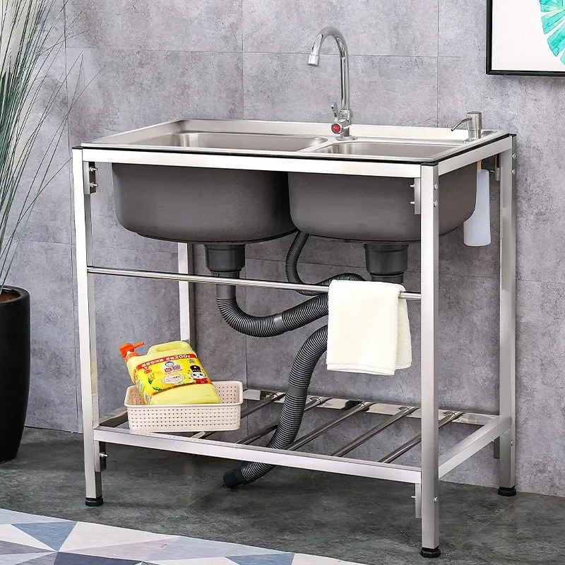 304 Stainless Steel Double Kitchen Sink with Bracket and Shelf Vegetable Basin Dish Washing Pool for Home Use