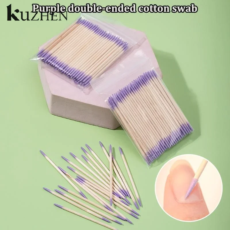100/200/300/500Pcs Nagel Doppel-Kopf Holz Tupfer Reinigung Sticks Lila Dual-Tipped Baumwolle kopf Reinigung Tupfer Nagellack Entferner