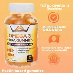 Omega 3 fish oil gummies, heart healthy DHA and EPA, joint and brain support, natural vitamins, 60 orange flavored capsules