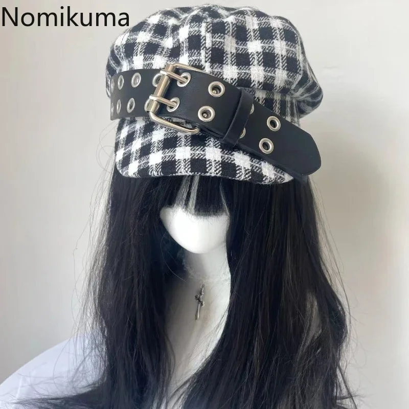 Vintage Y2K Plaid Belt Buckle Octagonal Hats for Women Autumn Winter Fashion Cap Gorros Invierno Mujer Korean Military Hats