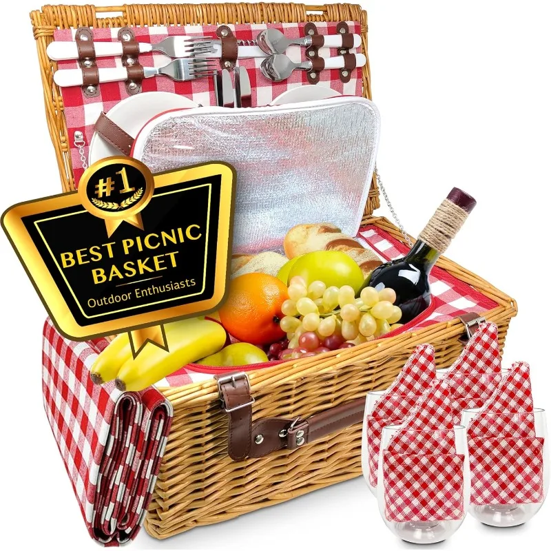 

Wicker Basket with Handle for Outdoors, Insulated Woven Basket, includes a Service Kit of Dinnerware & Wine Glasses