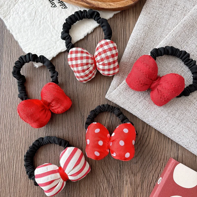 

Korean Red 3D Bow Scrunchie 1pc Padded Fabric Hair Tie for Girls New Year Ponytail Holder Cute Non-Slip Hair Accessory