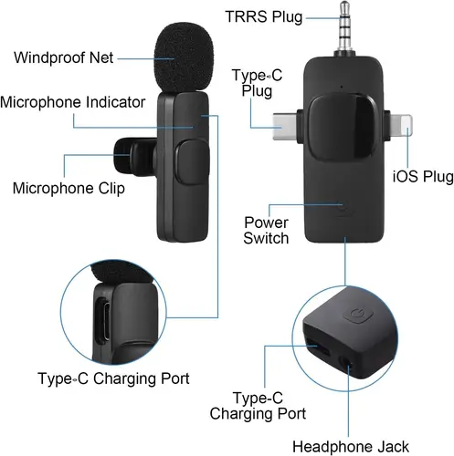 Imagen 2 del producto Mini micrófono Lavalier inalámbrico de 2,4G, micrófono portátil para grabación de Audio y vídeo para iPhone, Android, transmisión en vivo, micrófono para teléfono y videojuegos