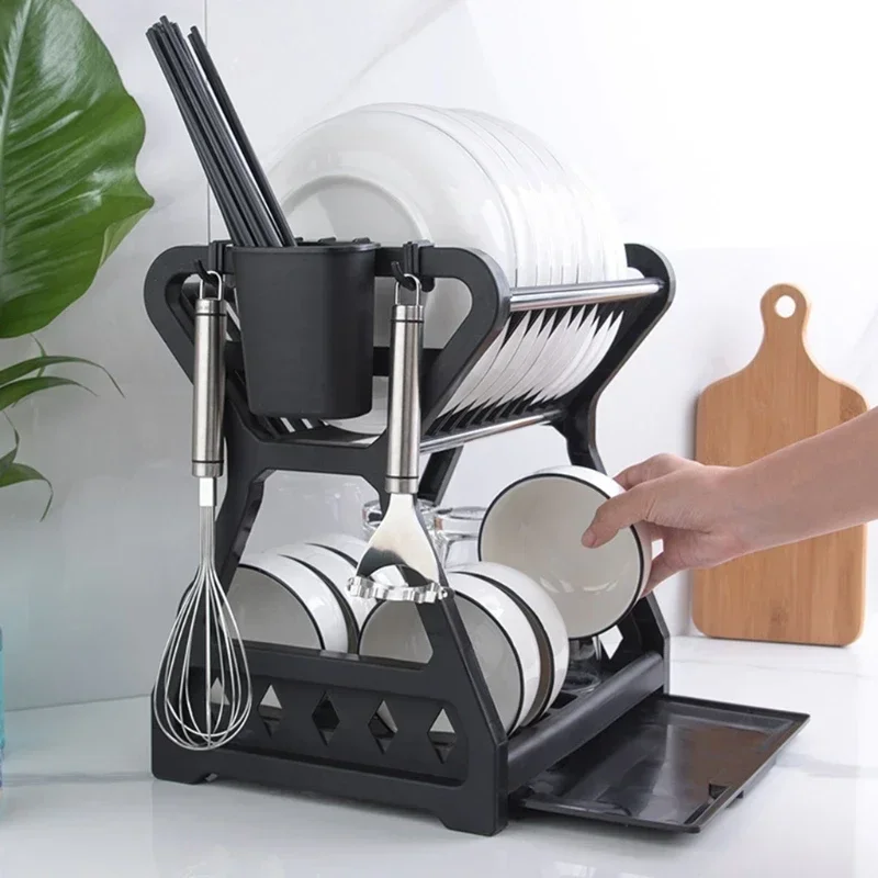 อ่างล้างจานเคาน์เตอร์ผู้ถือรายการครัวจานตายRack Double Layerชั้นวางจานพลาสติกDrying Standเครื่องตัดถ้วยStorage