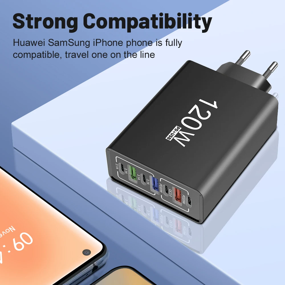 Total 120W USB Type C Fast Charging Mobile Phone Charger 7 Ports EU/US Plug Charger For iPhone Huawei Xiaomi Samsung Wall Charge - náhled 5