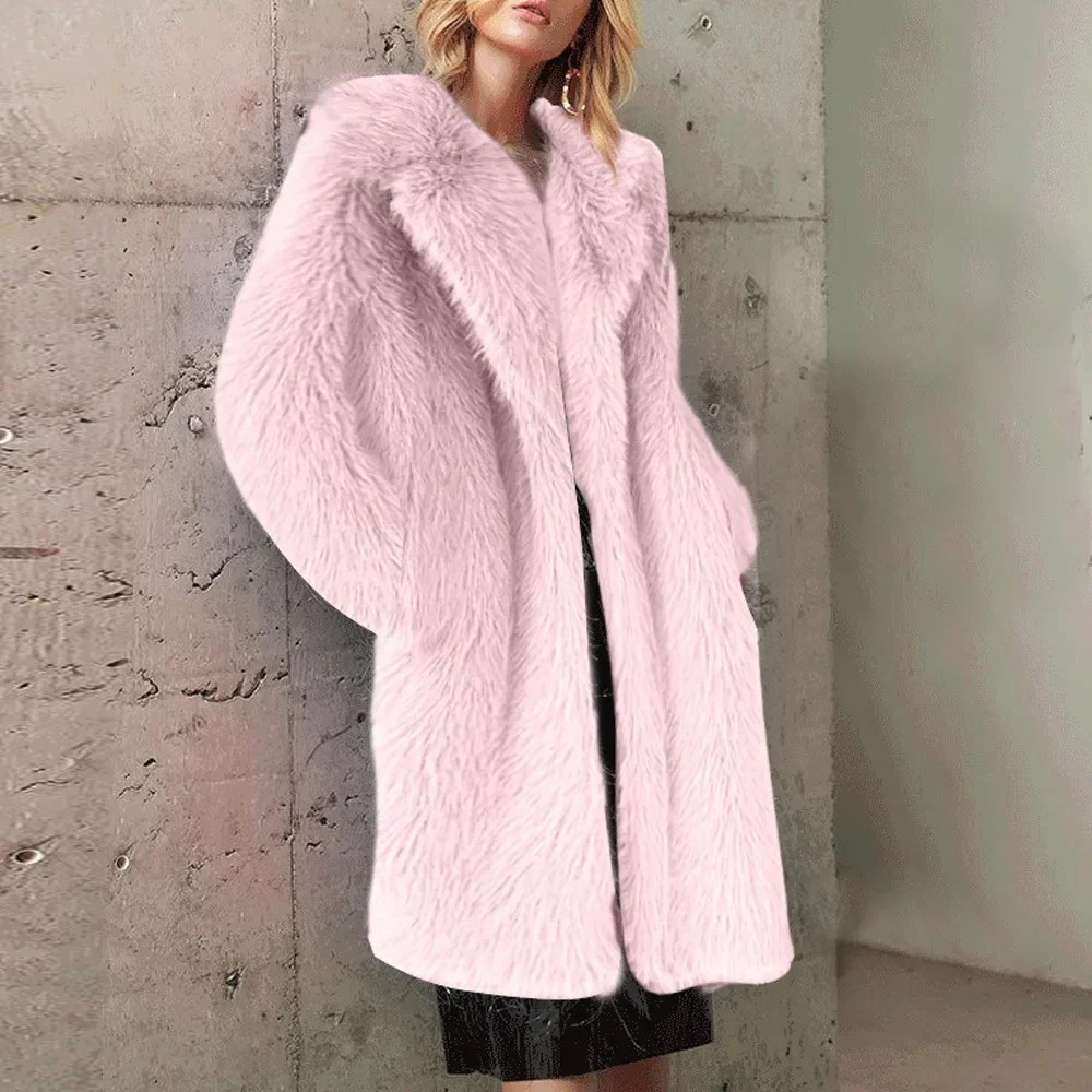Biały Długi Płaszcz Damski ze Sztucznego Futra Jesienno-Zimowy Duży Płaszcz Kurtka Kołnierz Wykładany Kieszenie Gruby Płaszcz Ciepłe Kurtki Płaszcze Maxi
