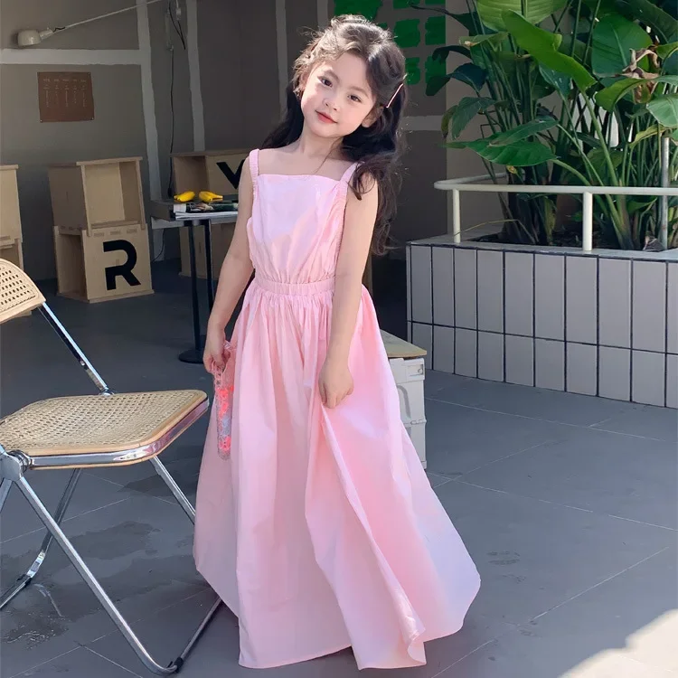 Children Clothing Girls Dress Holiday Style 2023 Summer Girls Backless Temperament Sweet Suspender Princess Long Casual Dress