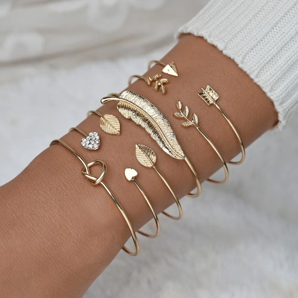 6pcs Set Luxury Temperament Leaf Feather Heart Micro-inlay Zircon Adjustable Opening Bangles for Women Party Stack Jewelry Sets