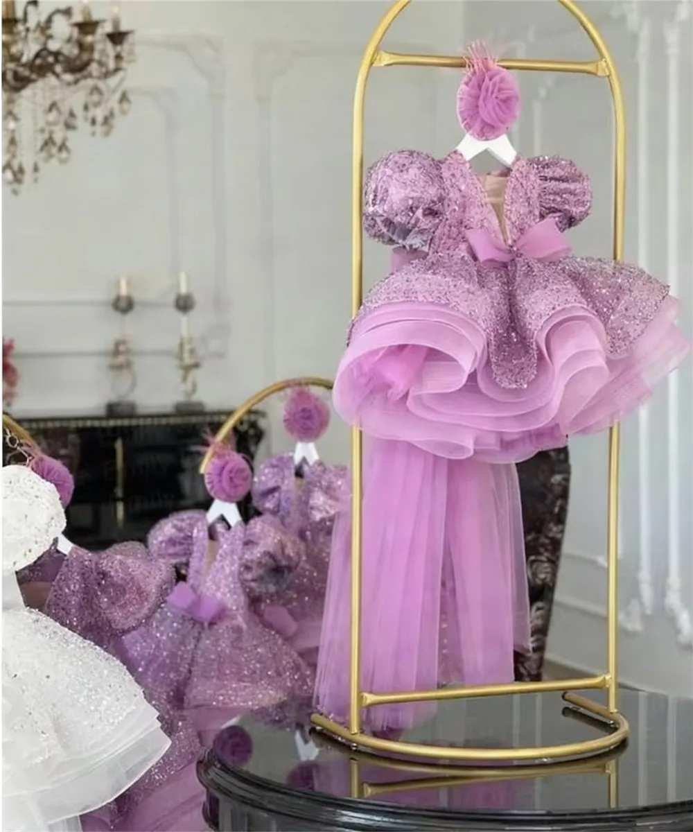 

Customized Glitter Flower Girl Dress For Wedding Sequined Bow Puffy Cute Baby Kids Birthday Princess First Communion Ball Gown
