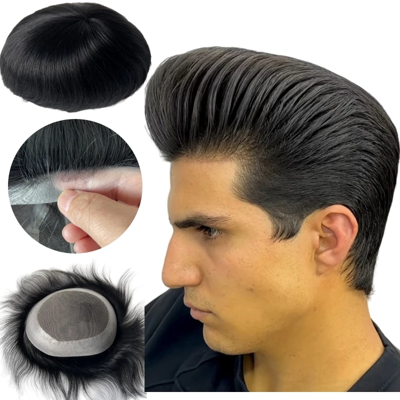 Indian Virgin Human Hair Systems Black Color 1# Wide PU AUS Toupee 8x10 Center Lace Perimeter PU Unit for European Men