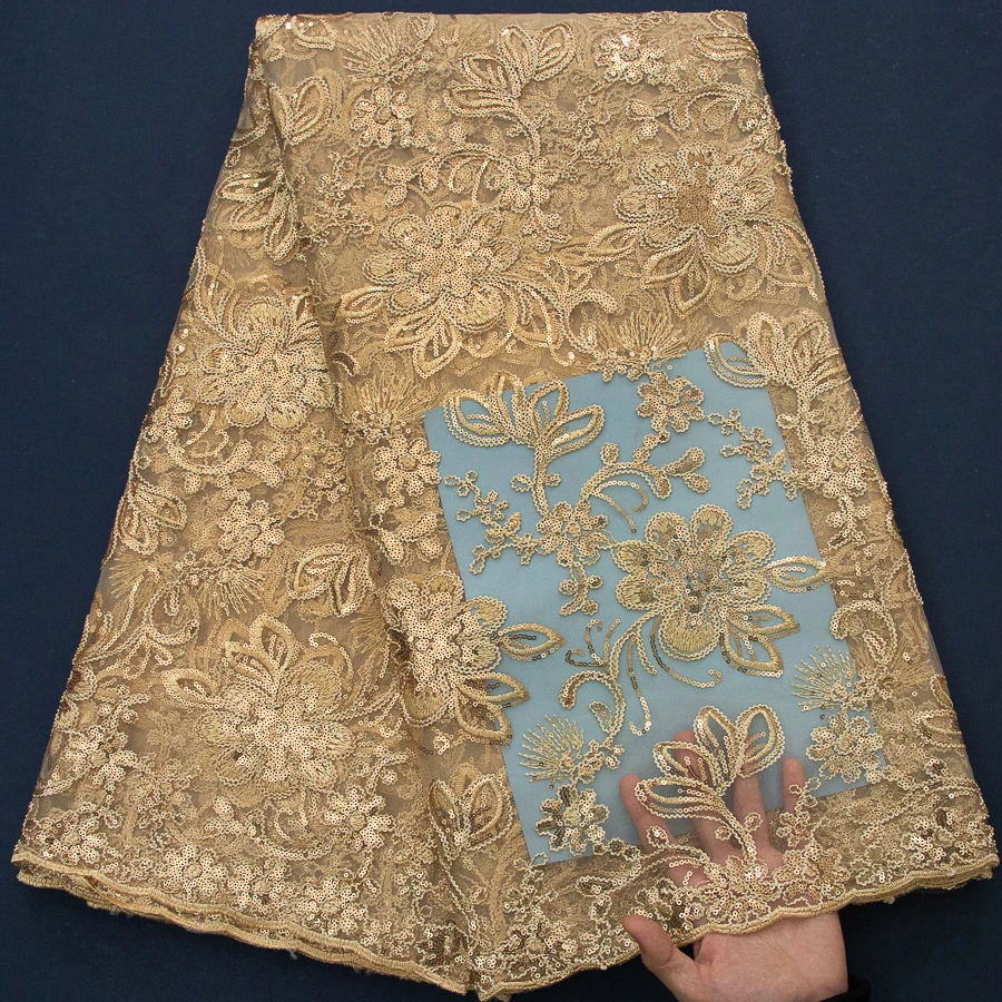 2026 Premium Gold Afrikanischer Seilstickerei-Netzstoff - Blumen-Pailletten-Tüllspitze für Braut- und Festkleider