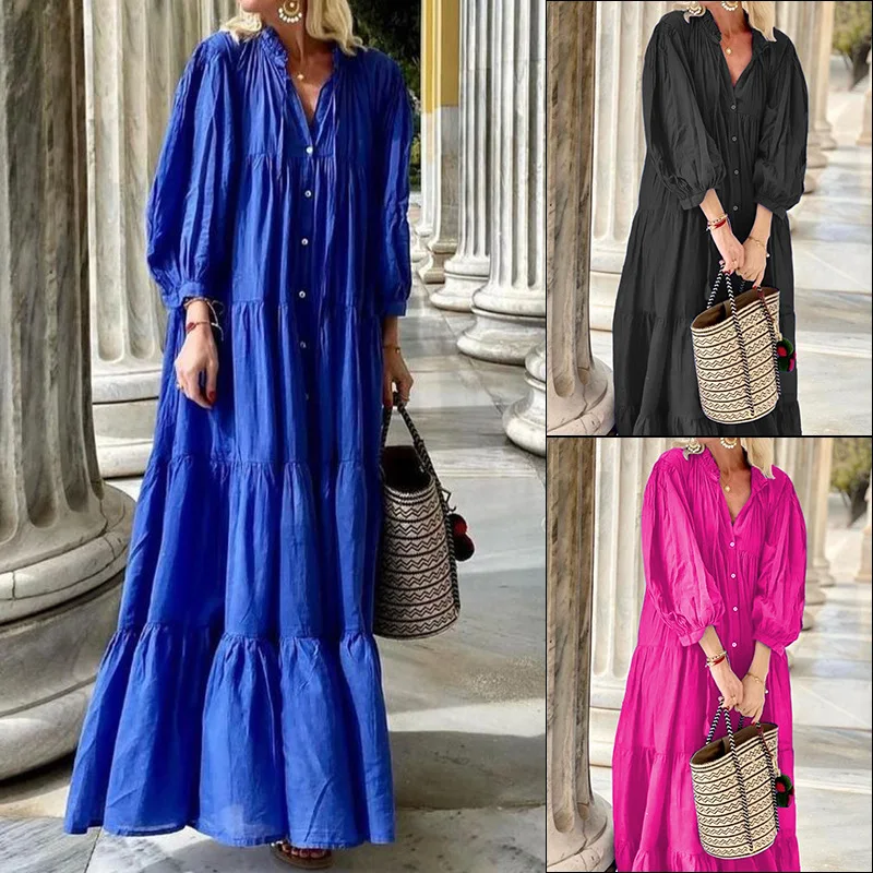 

SKMY Solid Color 2023 Autumn Winter New Clothes For Women Long Dresses Bohemian Casual Loose Cotton And Linen Dress Party