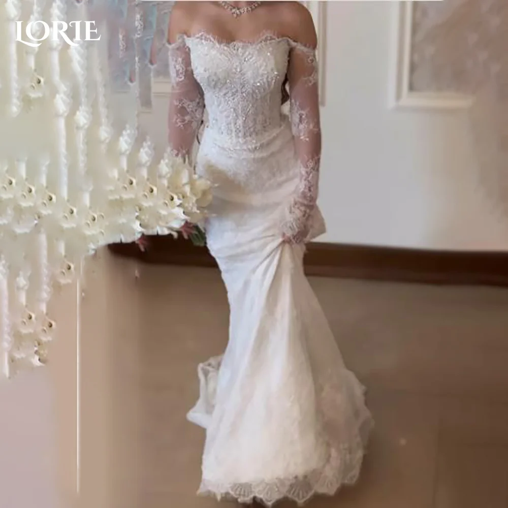

LORIE Vintage Lace Mermaid Wedding Dresses Pleats 3D Flowers Illsion Bridal Gowns Appliques Long Sleeve Corset Bride Dresses2024