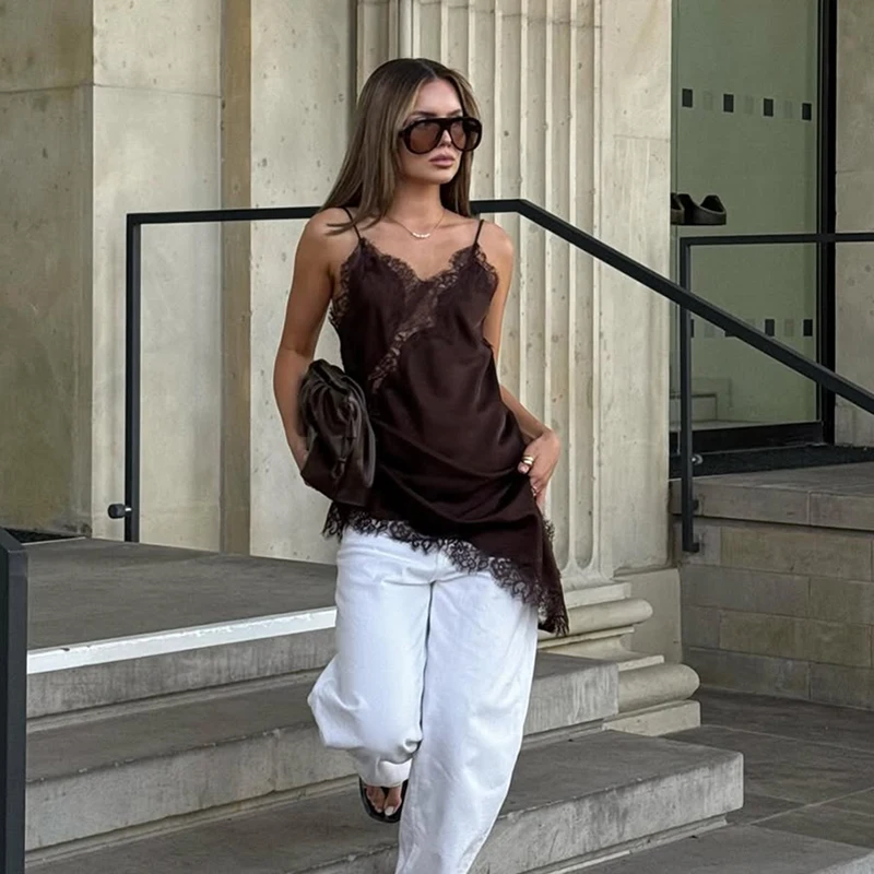 2025 Abito lungo patchwork in pizzo asimmetrico in raso caldo Abiti eleganti con orlo Cami 2025 Abito sexy da spiaggia per feste autunnali alla moda