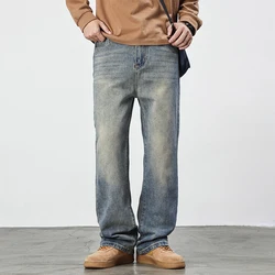 Merican Retro Washed Jeans Men's Loose Denim Trousers Street Hip-hop Straight Wide-leg Pants Y2k  College Student Baggy Pants