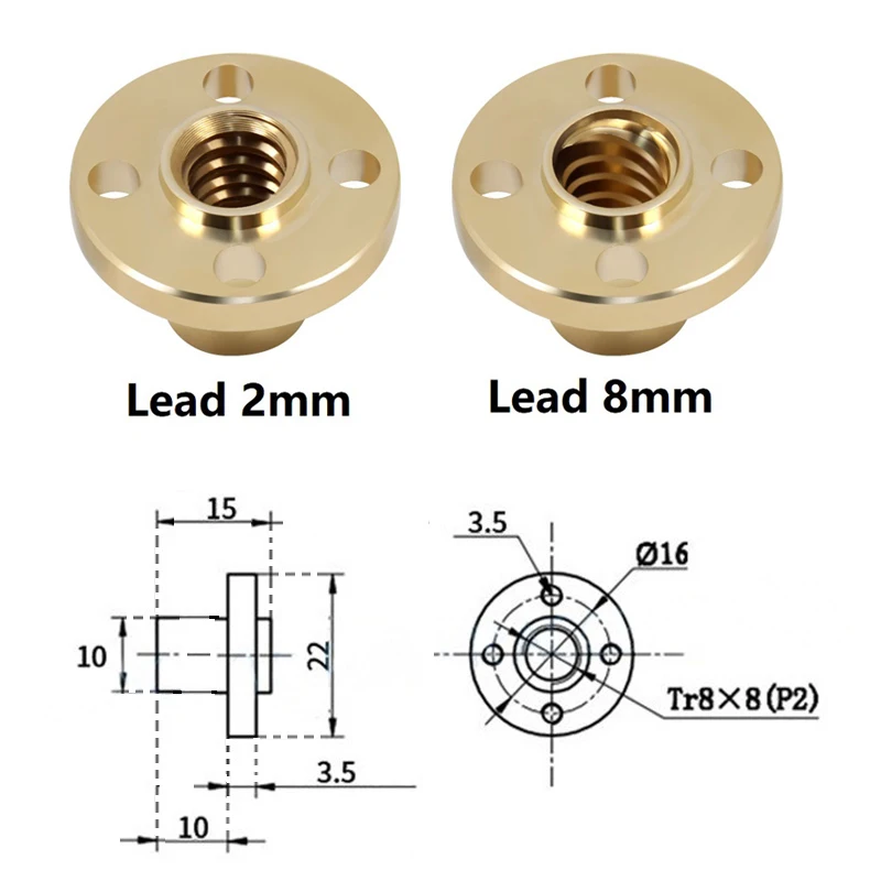 T8 3Dプリンター用リードネジ、真ちゅうナット、2mm、2mm、8mm、台形、CNCパーツ、2個